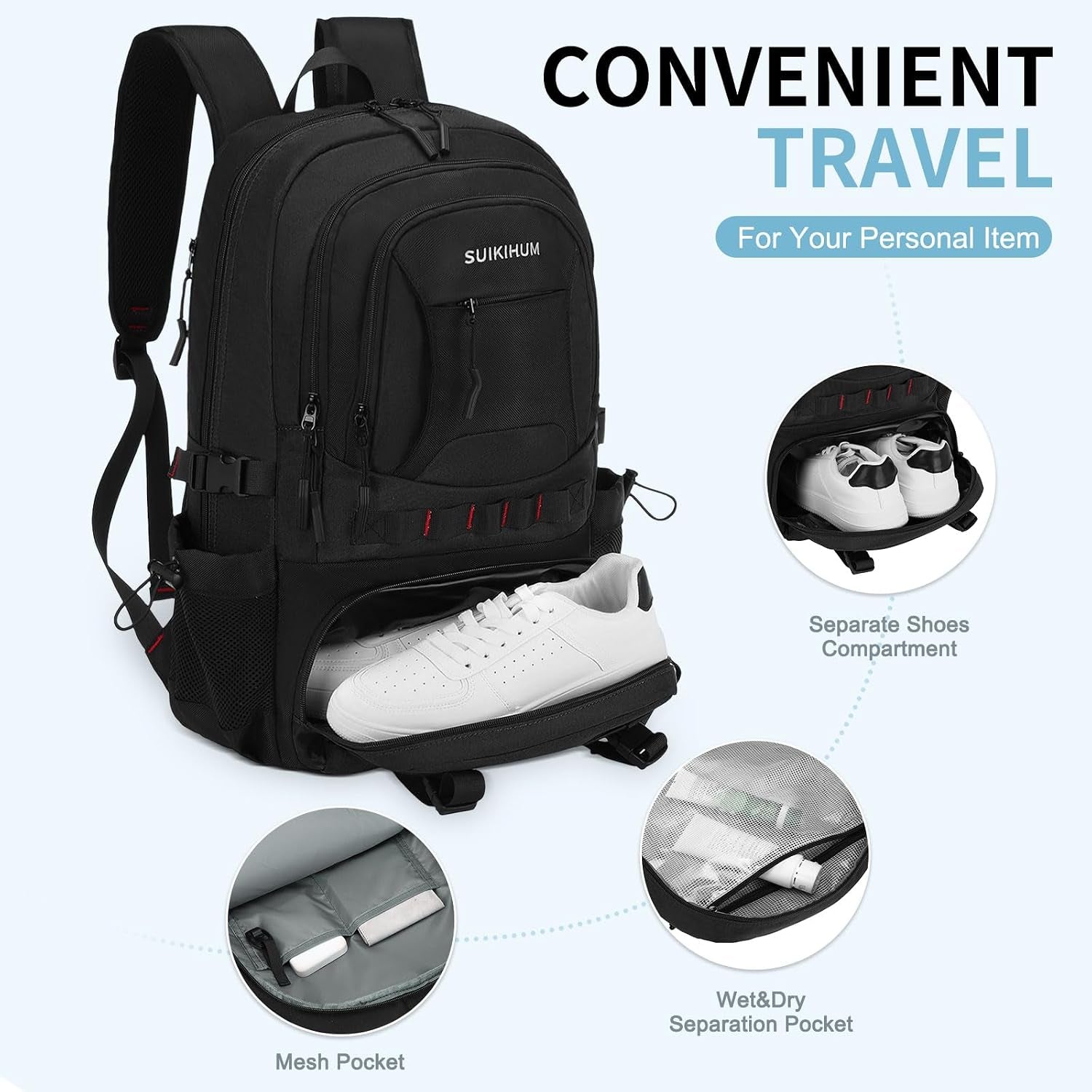 40L Hiking Backpack for Men Women, Expandable Travel Backpack for Camping, Waterproof Outdoor Hiking Daypack with USB A/C Port, Black, Medium