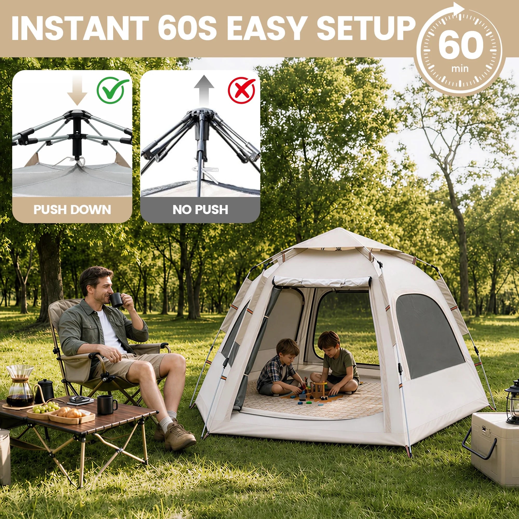 2-3 Person Camping Tent, Instant Pop up Tents for Camping- 60S Automatic Easy Setup Tent, Double-Layer Waterproof & Windproof Instant Tents for Hiking Backpacking