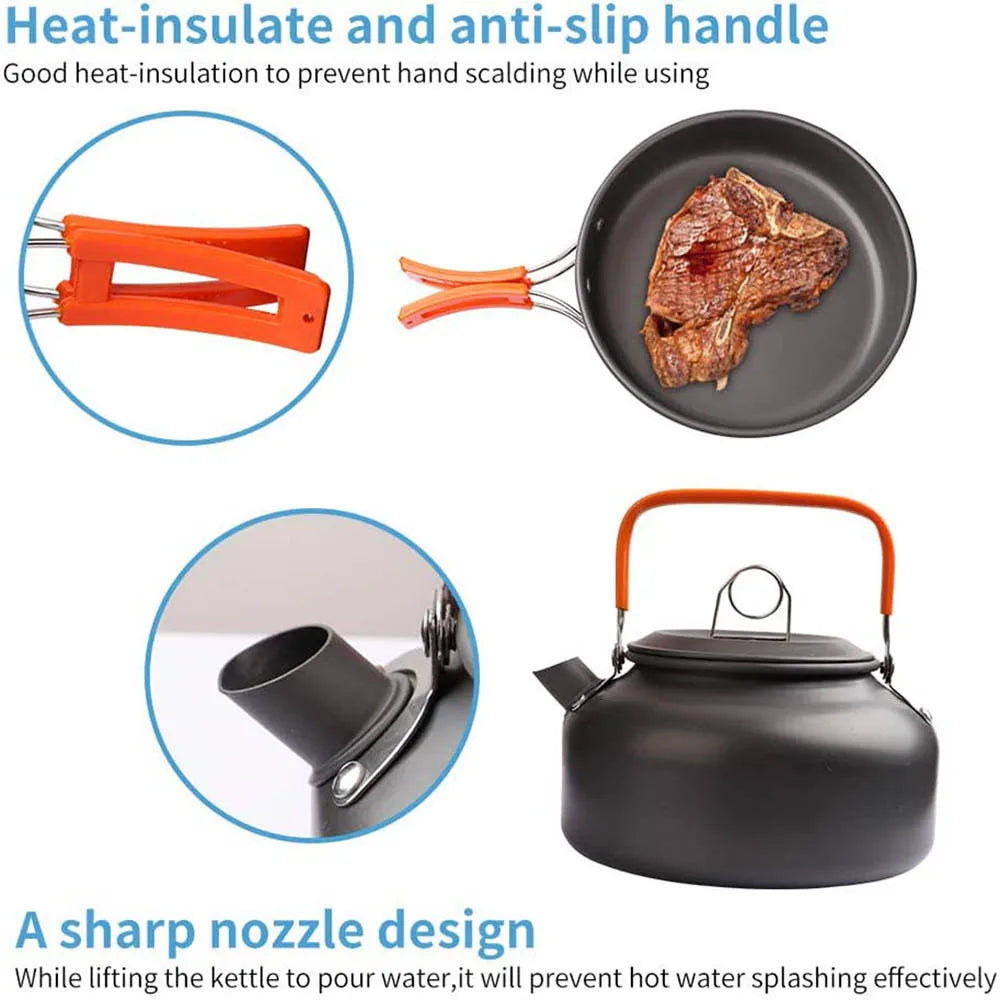 Camping Cookware Kit Outdoor Cooking Set Aluminum Pot Equipment Travel Tableware Kitchen for Hiking Picnic BBQ