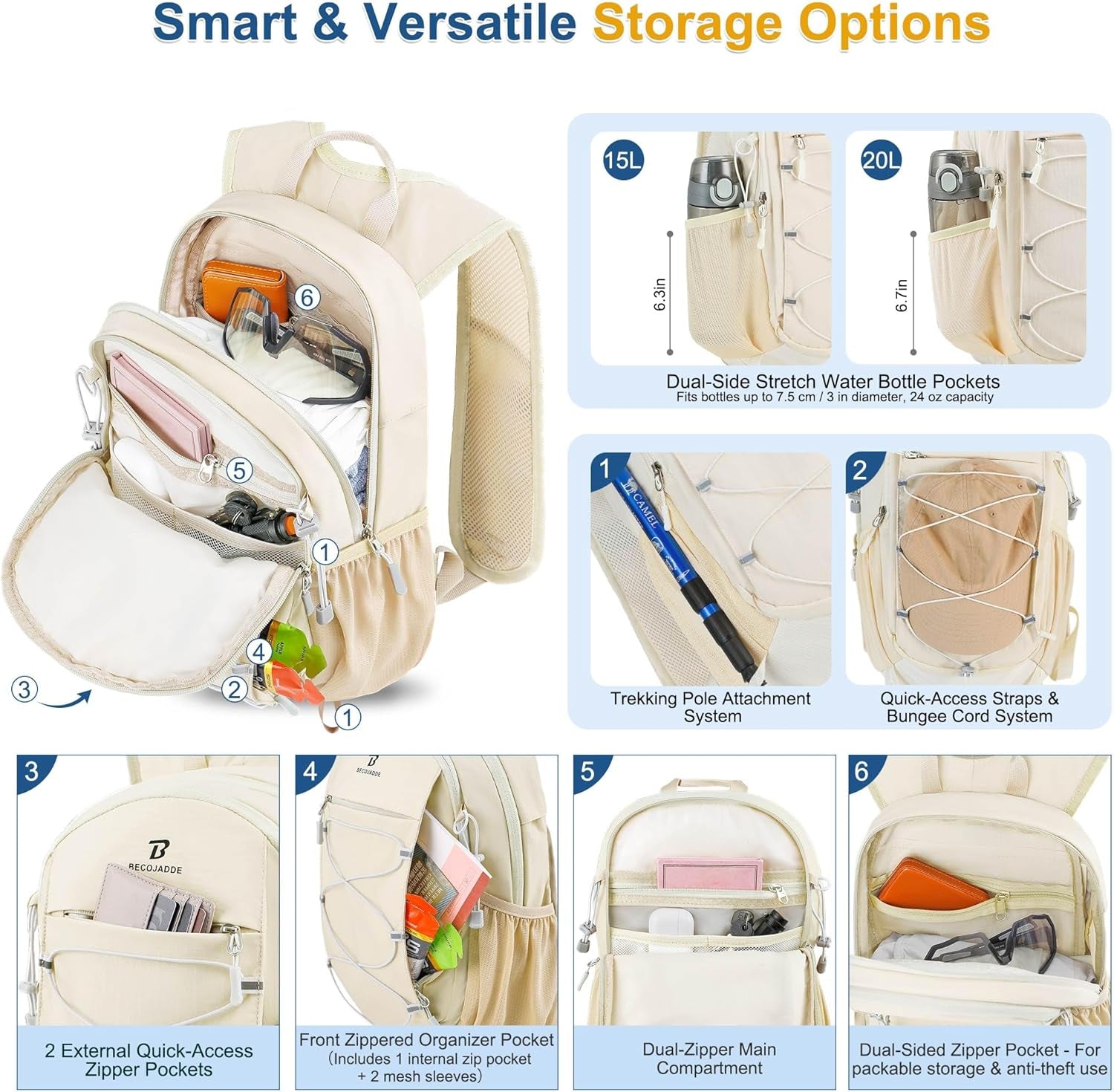 Hiking Backpack 15L Small Backpack Packable Day Pack Water Resistant Lightweight Travel Backpack for Women Men with Shoulder Strap Pockets for Hiking Camping Outdoor, Beige