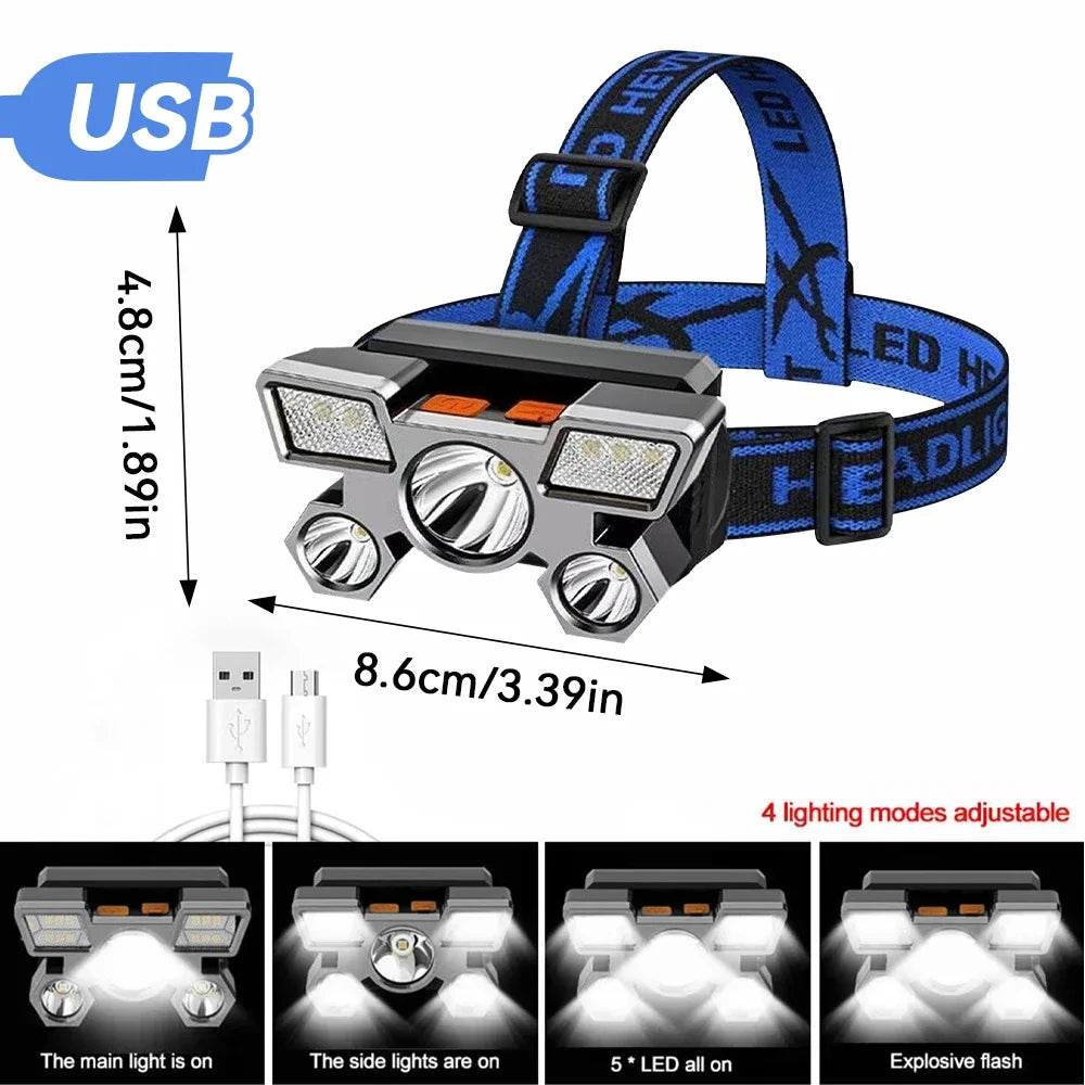1Pcs Rechargeable Headlamp, Portable 5LED Headlight Torch, Portable Working Light, Fishing Camping Head Light for Travel, Campin