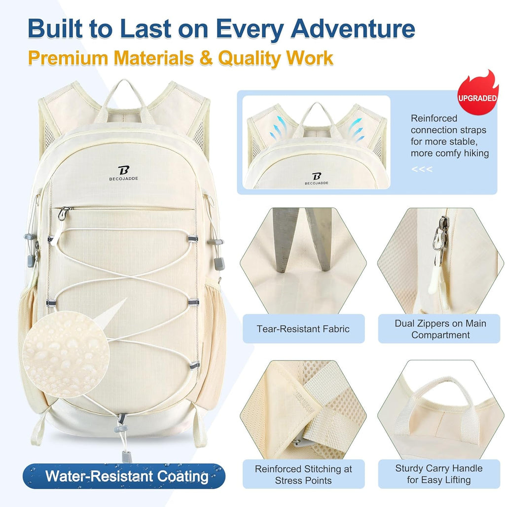 Hiking Backpack 15L Small Backpack Packable Day Pack Water Resistant Lightweight Travel Backpack for Women Men with Shoulder Strap Pockets for Hiking Camping Outdoor, Beige