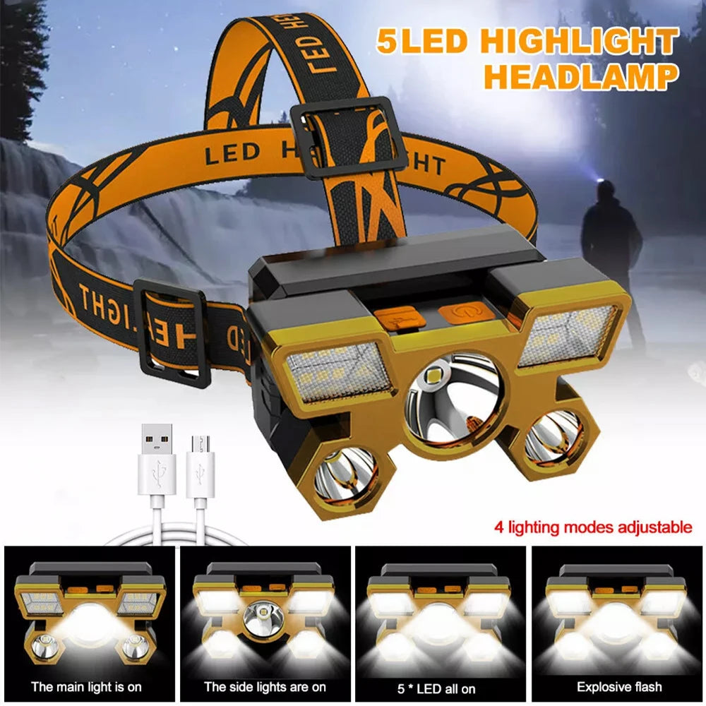 1Pcs Rechargeable Headlamp, Portable 5LED Headlight Torch, Portable Working Light, Fishing Camping Head Light for Travel, Campin