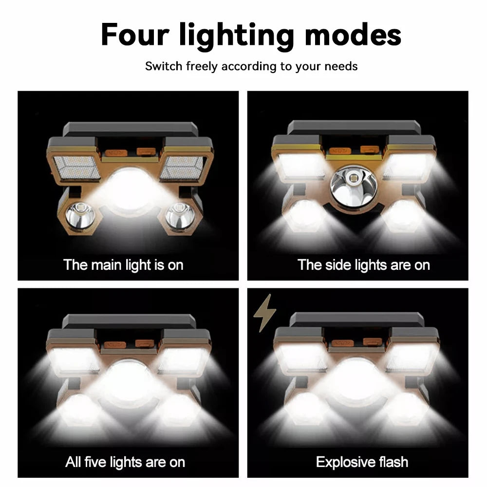 1Pcs Rechargeable Headlamp, Portable 5LED Headlight Torch, Portable Working Light, Fishing Camping Head Light for Travel, Campin