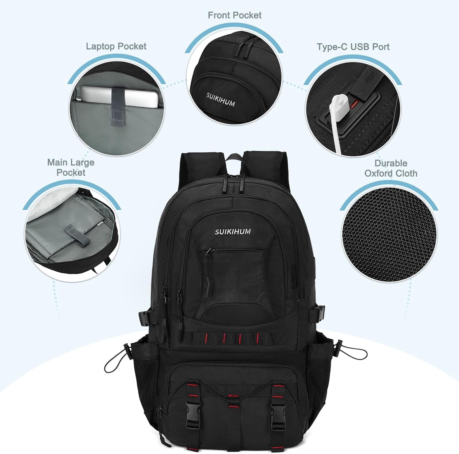 40L Hiking Backpack for Men Women, Expandable Travel Backpack for Camping, Waterproof Outdoor Hiking Daypack with USB A/C Port, Black, Medium