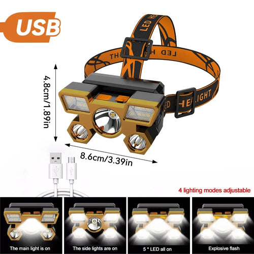 1Pcs Rechargeable Headlamp, Portable 5LED Headlight Torch, Portable Working Light, Fishing Camping Head Light for Travel, Campin