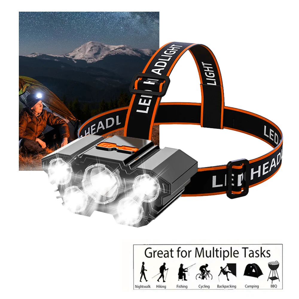 1Pcs Rechargeable Headlamp, Portable 5LED Headlight Torch, Portable Working Light, Fishing Camping Head Light for Travel, Campin
