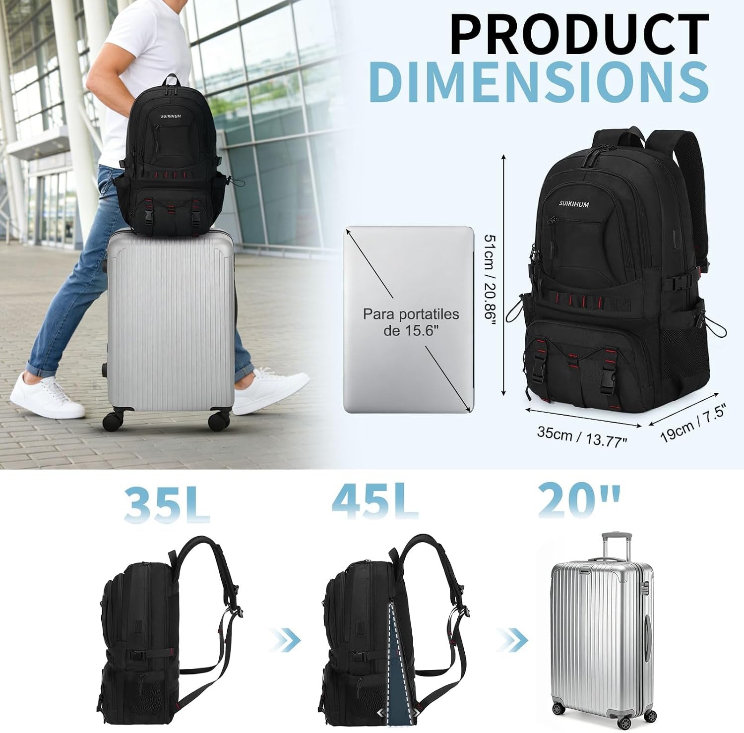 40L Hiking Backpack for Men Women, Expandable Travel Backpack for Camping, Waterproof Outdoor Hiking Daypack with USB A/C Port, Black, Medium