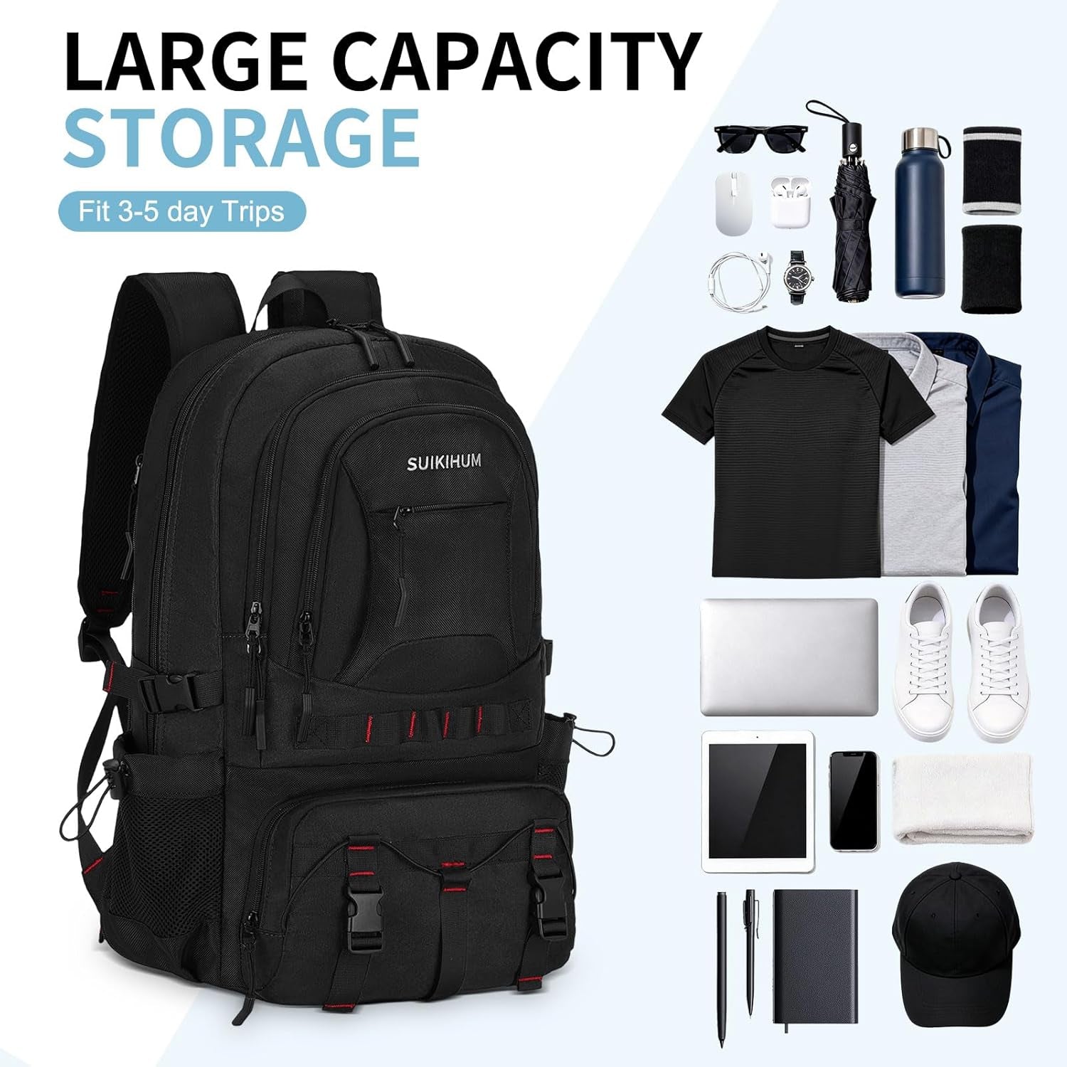 40L Hiking Backpack for Men Women, Expandable Travel Backpack for Camping, Waterproof Outdoor Hiking Daypack with USB A/C Port, Black, Medium