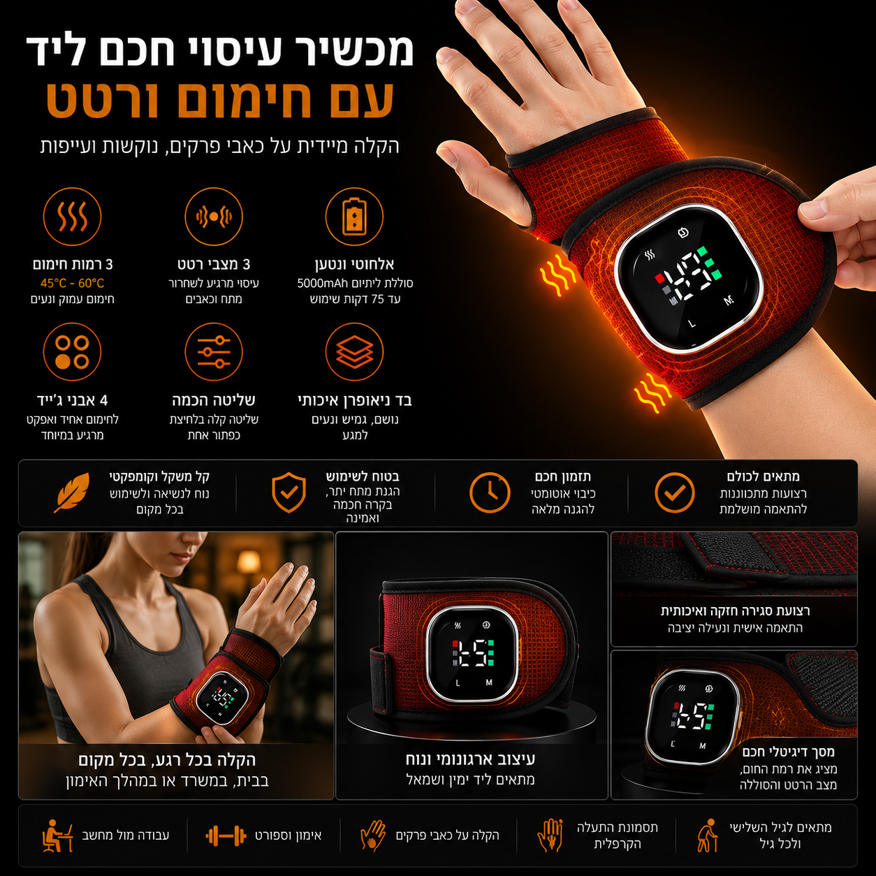 מכשיר עיסוי חכם לשורש כף היד עם חימום ורטט