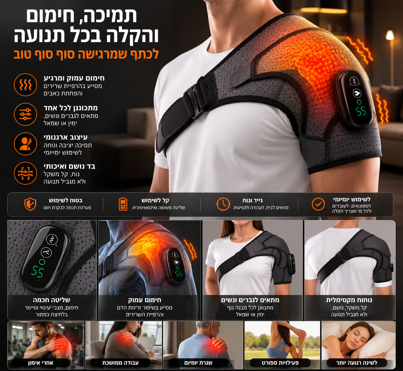 מכשיר עיסוי חכם לכתף, ברך ומרפק עם חימום ורטט ואלחוטי