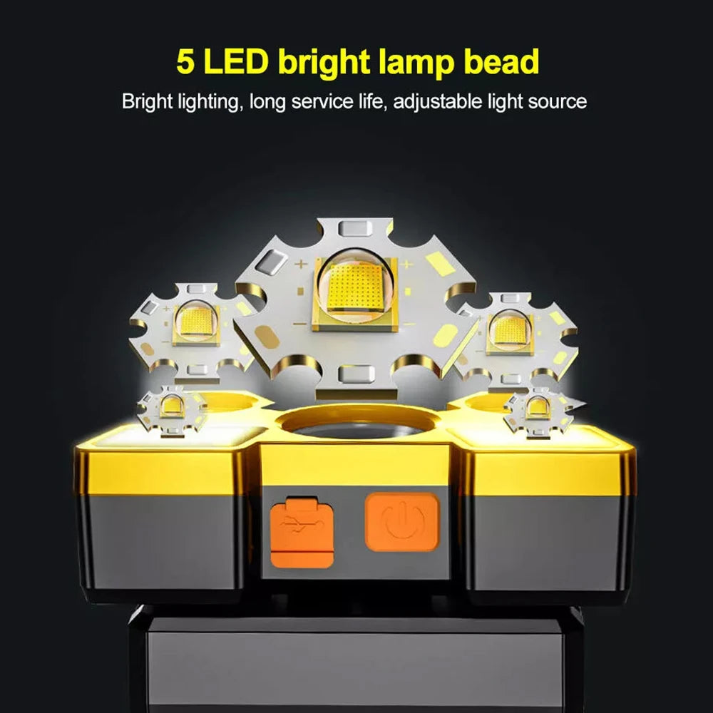 1Pcs Rechargeable Headlamp, Portable 5LED Headlight Torch, Portable Working Light, Fishing Camping Head Light for Travel, Campin