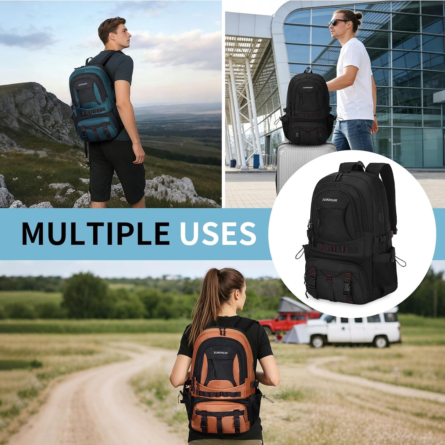 40L Hiking Backpack for Men Women, Expandable Travel Backpack for Camping, Waterproof Outdoor Hiking Daypack with USB A/C Port, Black, Medium