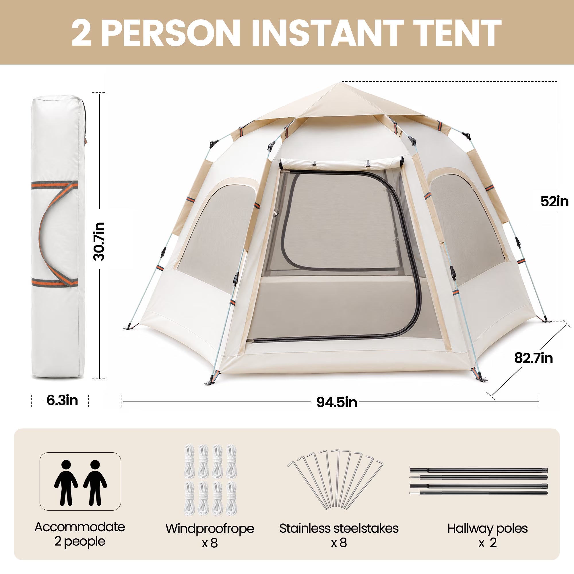 2-3 Person Camping Tent, Instant Pop up Tents for Camping- 60S Automatic Easy Setup Tent, Double-Layer Waterproof & Windproof Instant Tents for Hiking Backpacking