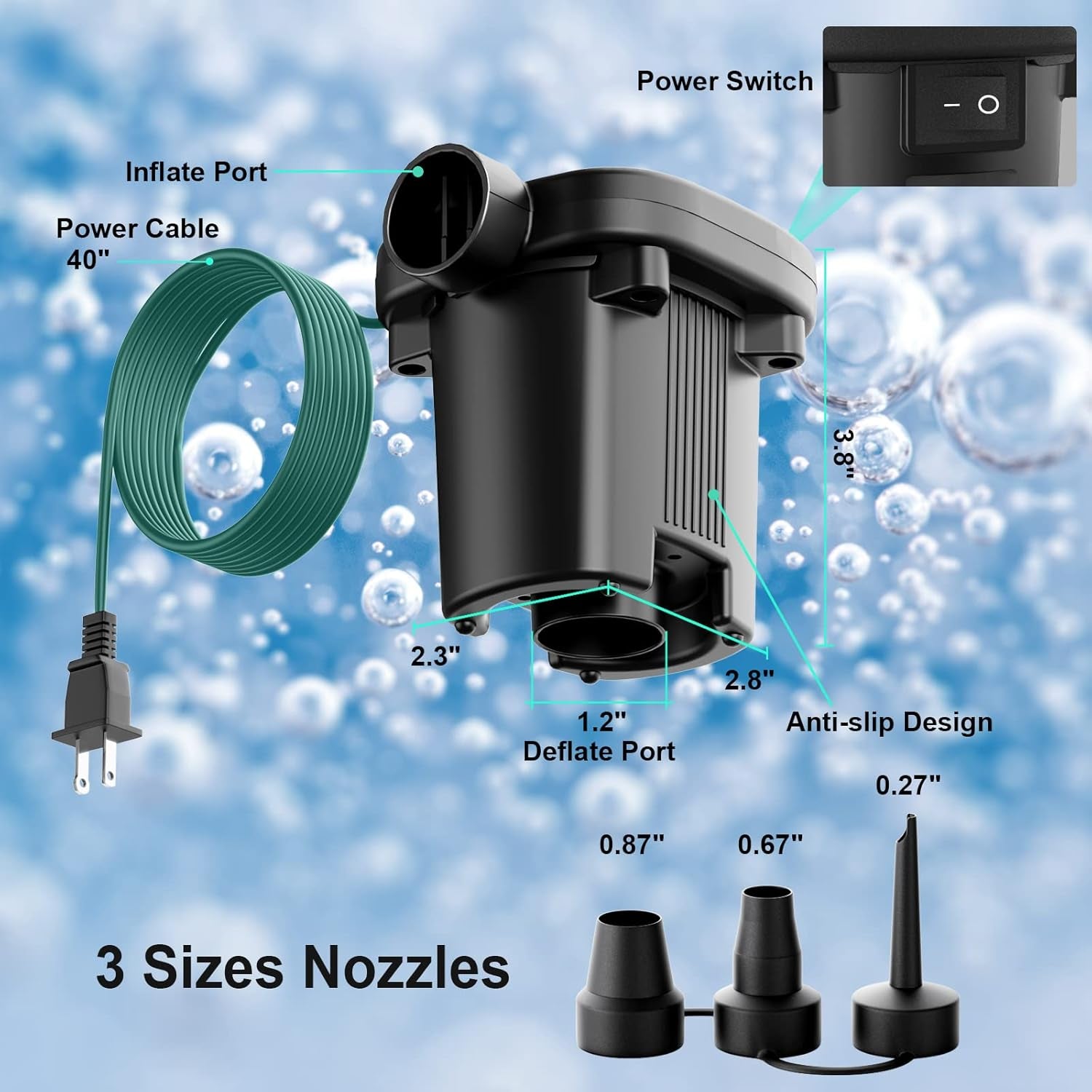 MAACOULD Electric Air Pump for Inflatables with 3 Nozzles | Portable, Easy to Use, Inflatable for Beds, Mattress, Pool Floats, Inflatable Pool, Snow Sled, AC110-120V