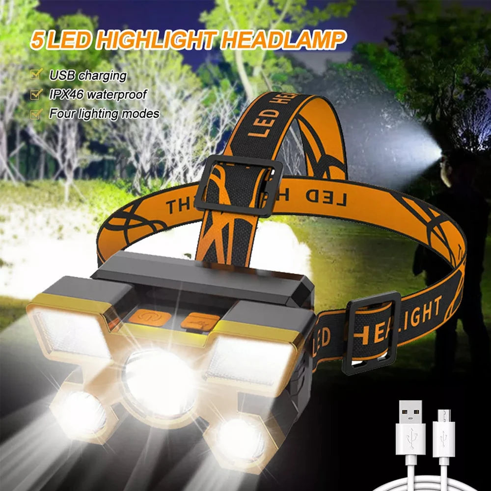 1Pcs Rechargeable Headlamp, Portable 5LED Headlight Torch, Portable Working Light, Fishing Camping Head Light for Travel, Campin