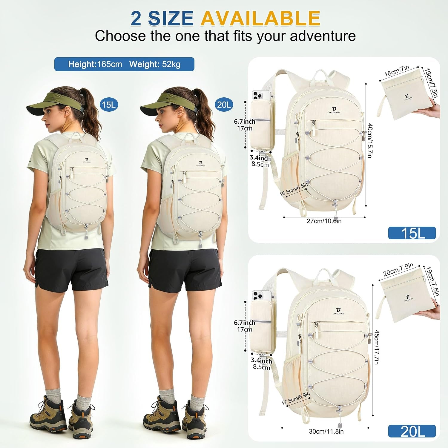 Hiking Backpack 15L Small Backpack Packable Day Pack Water Resistant Lightweight Travel Backpack for Women Men with Shoulder Strap Pockets for Hiking Camping Outdoor, Beige